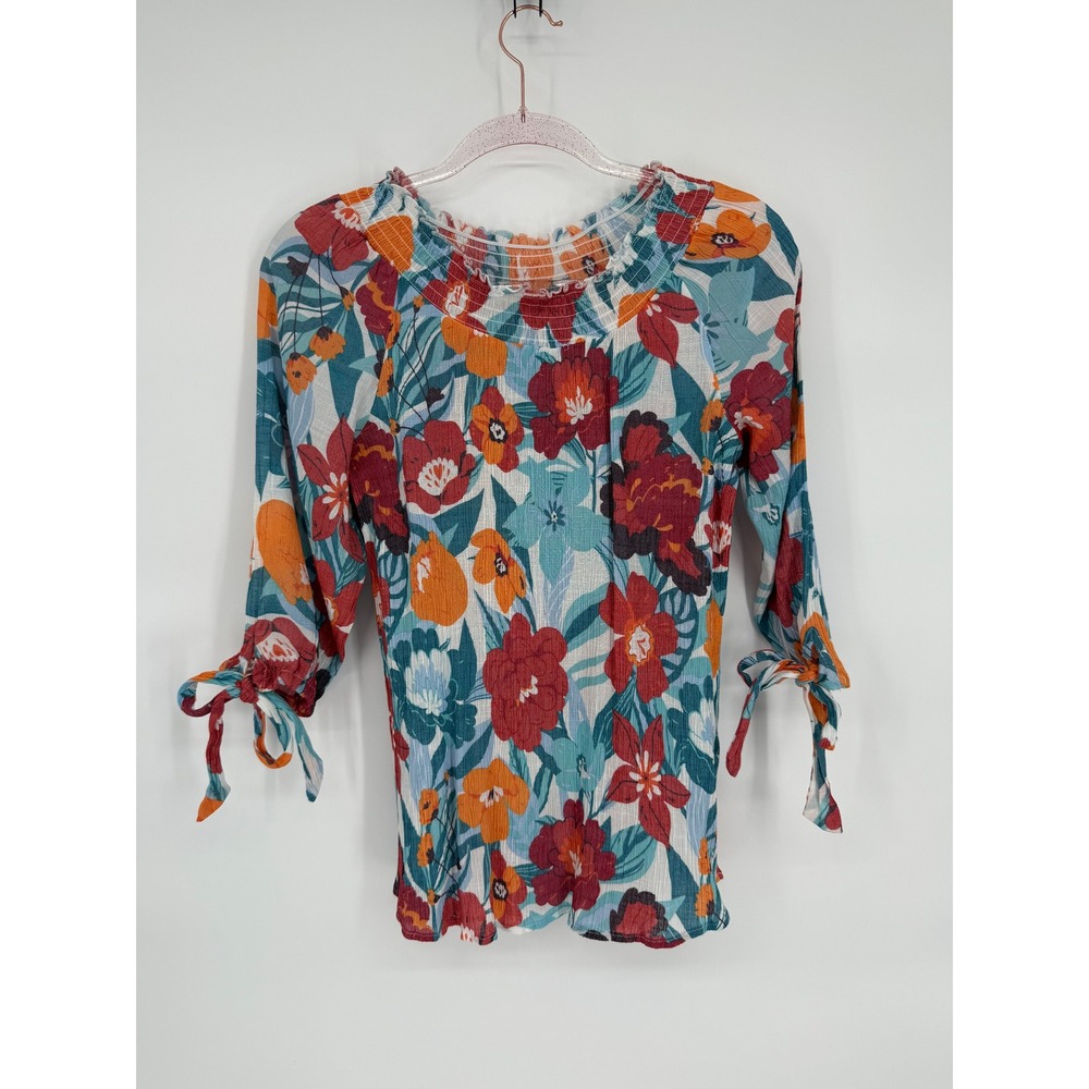 Chico Floral Print Smocked Neck Tie Sleeve Top Multicolor Blouse Size S